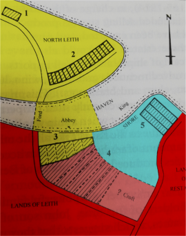 North Leith (yellow), South Leith / Restalrig (red) and the King's Lands (blue). Adapted from a diagram in The Port of Leith by Sue Mowat.