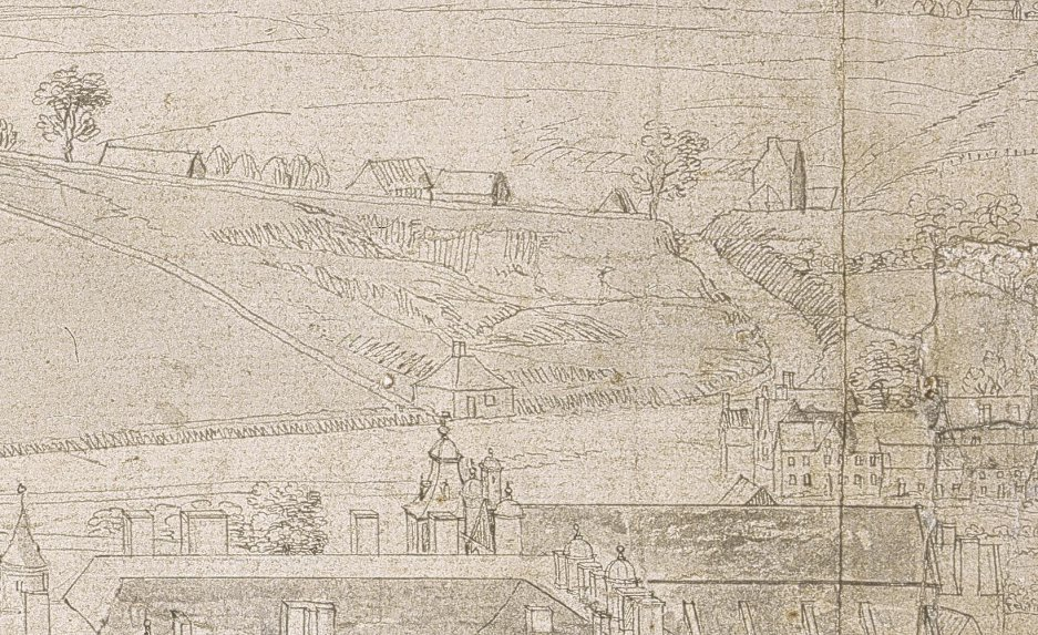 Looking towards Leith from Arthur's seat, from a 1750s panorama by Thomas Sandby. Upper Quarryholes is the collections of building beyond the quarry pits in the centre of the image. The roof in the foreground is that of Holyroodhouse Abbey and Palace. CC-BY-SA National Galleries Scotland.