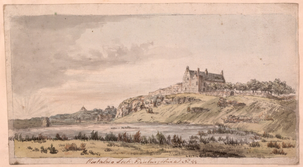Lochend House above the Loch, watercolour by Hutton. CC-BY-SA 4.0 National Library of Scotland.