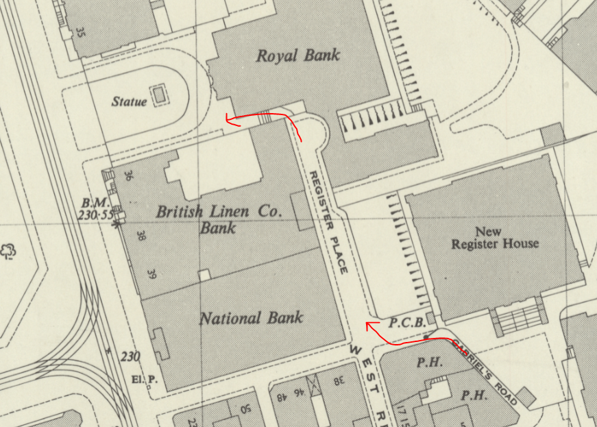 1944 OS Town Plan showing the route that you can still take from Gabriel's Road through to the Royal Bank's front garden. Reproduced with the permission of the National Library of Scotland