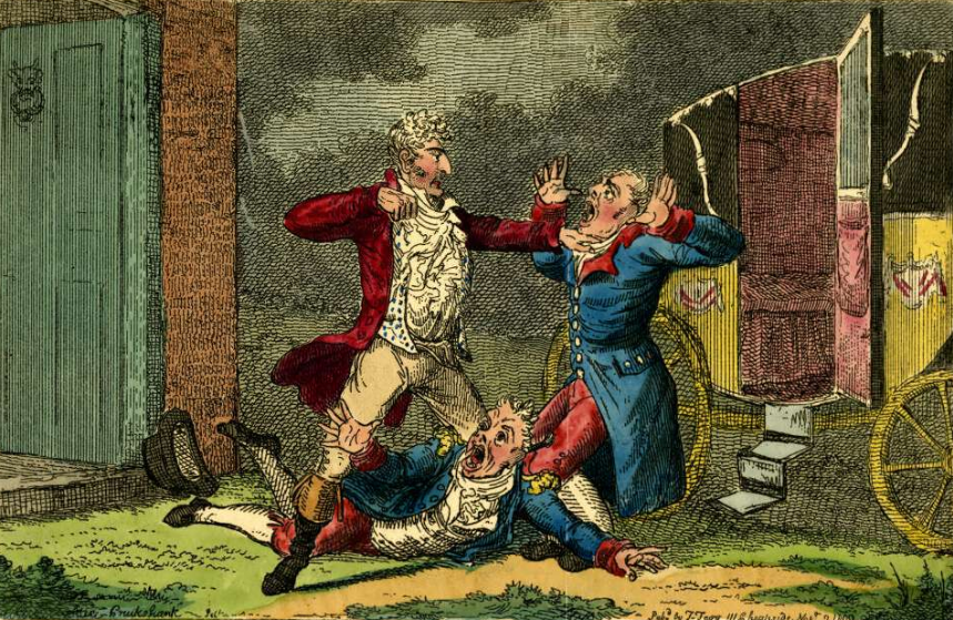 A Georgian cartoon of a drunken gentleman fighting with a coachman and footman. Isaac Cruikshank, 1809. © The Trustees of the British Museum
