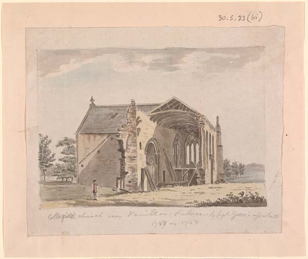Hamilton Drawings vol. 2, the ruins of Hamilton Collegiate Kirk c. 1747. CC-BY-SA 4.0 NLS