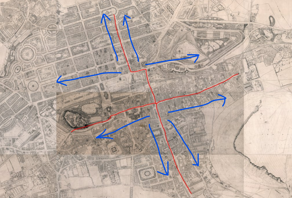 OS 1849 Town Plan, showing the 4 postal quadrants with the blue arrows representing the general direction of ascending street numbers. Reproduced with the permission of the National Library of Scotland