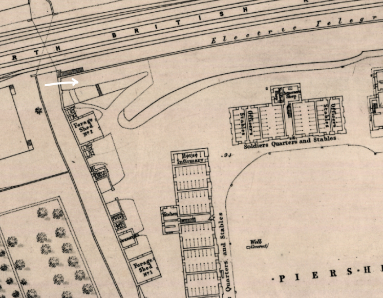 1849 OS Town Plan, showing the back gate of Piershill Barracks, with a slope up to the main parade ground level. Reproduced with the permission of the National Library of Scotland