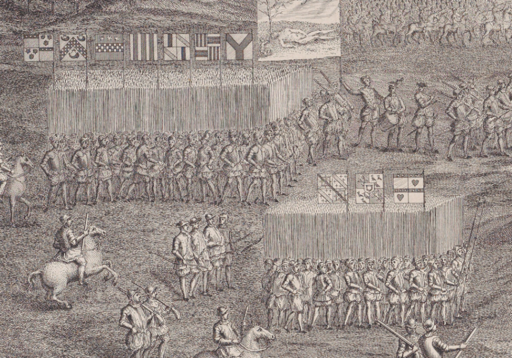 Scottish pike formations loyal to the Confederate Lords at Carberry, 1576. Engraved from a contemporary painting by George Vertue, 1742