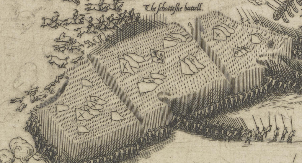 The Scottish pike formations begin to break at Pinkie in 1547. Contemporary print. CC-BY-SA National Galleries Scotland.