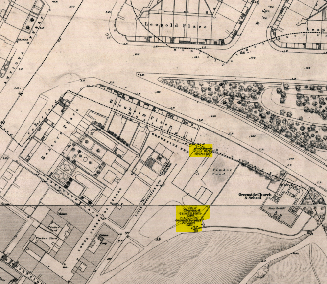 OS 1849 town Plan showing the site of the "Rood Well of Greenside" and the "Monastery of Carmelite Friars (1536) subsequenrly Greenside Hospital for Lepers (1591)". Reproduced with the permission of the National Library of Scotland