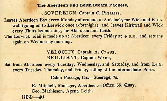 1839-40 Post Office directory entry for the Aberdeen & Leith Steam Packets