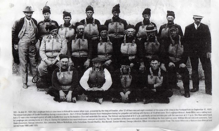 William Mowat and the crew of the Longhope lifeboat. "Bill" Mowat is middle row, 2nd from left. © Orkney Image Library, 10060 
