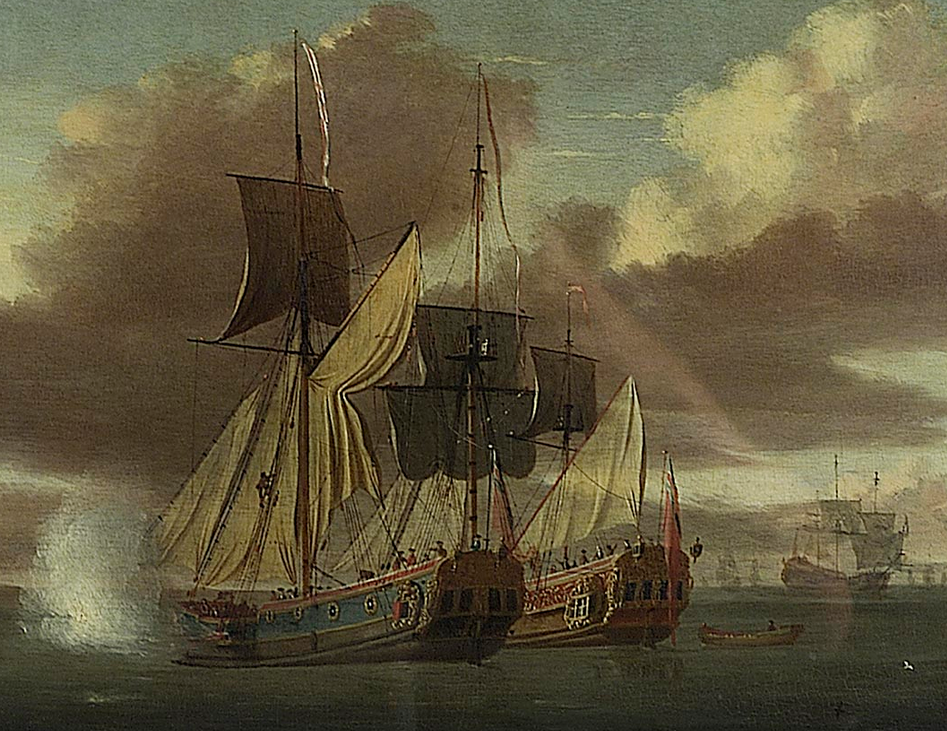 A pair of Charles II's Royal Yachts, thought to be Fubbs on the left and Catherine on the right. By Dutch painter L. De Man, c. 1707