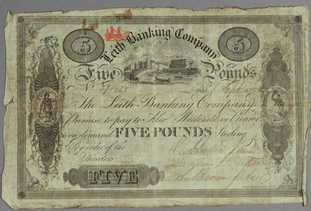 Leith Banking Company £5 George IV note. This lacks the crest of Leith, and has a caricature of a sailor welcoming the King on the right, surrounded by "Huzza! O Felicem Diem". © Edinburgh City Libraries