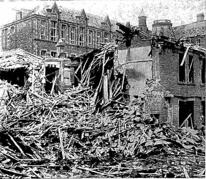 Bomb damage of the "DK" school and annexe, a photo taken in April 1941 but not published until the war's end