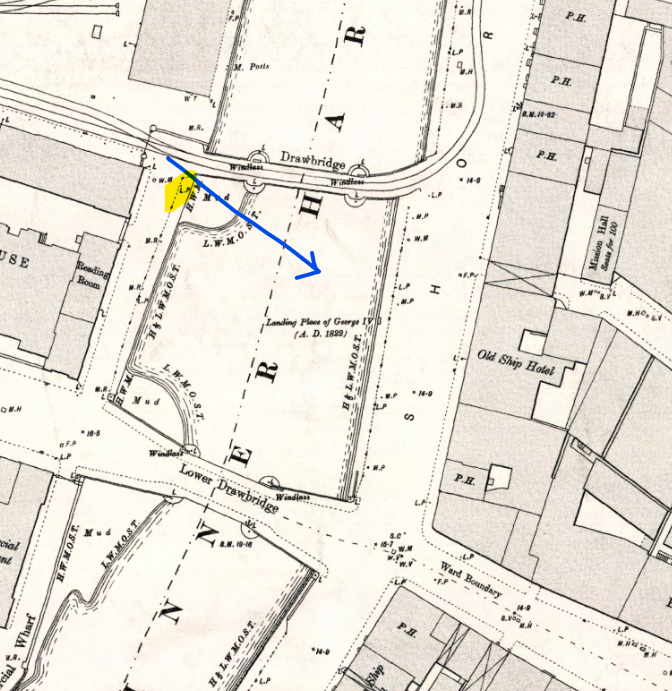 1893 Ordnance Survey town plan. Photographer is behind lamp post highlighted yellow, facing in direction of blue arrow. Reproduced with the permission of the National Library of Scotland