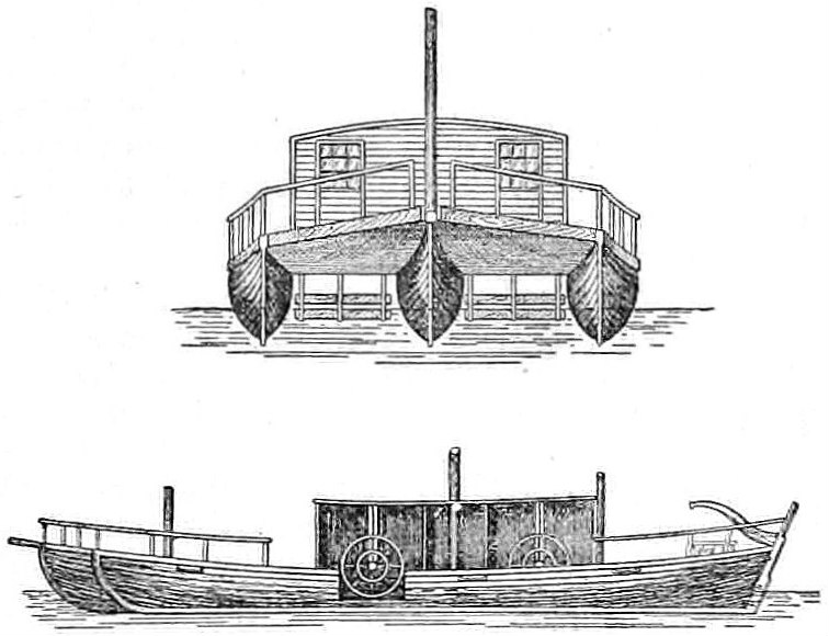One of Miller's trimaran paddlewheel boat designs. The wheels were turned by hand cranks.