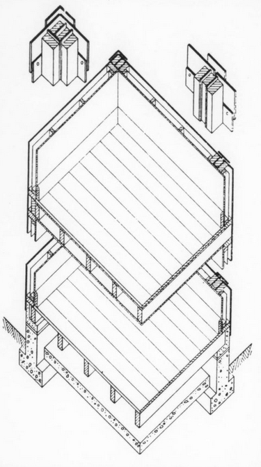 General construction diagram of the Weir Steel Houses; a wooden frame sitting on a concrete base, with lightweight steel panels cladding the outside.