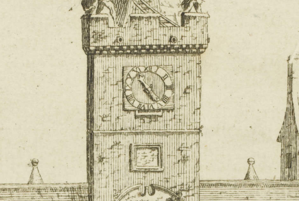 Clock of the Netherbow Port, 1766, from an engraving by John Runciman entitled "
View of the Netherbow Port of Edinburgh from the West". © Edinburgh City Libraries