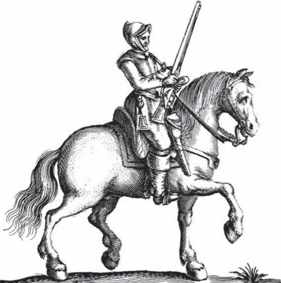 The sort of heavily armed "Harquebusier" cavalry favoured in Scotland in the 1640s. From "Militarie Instructions for the Cavallrie".