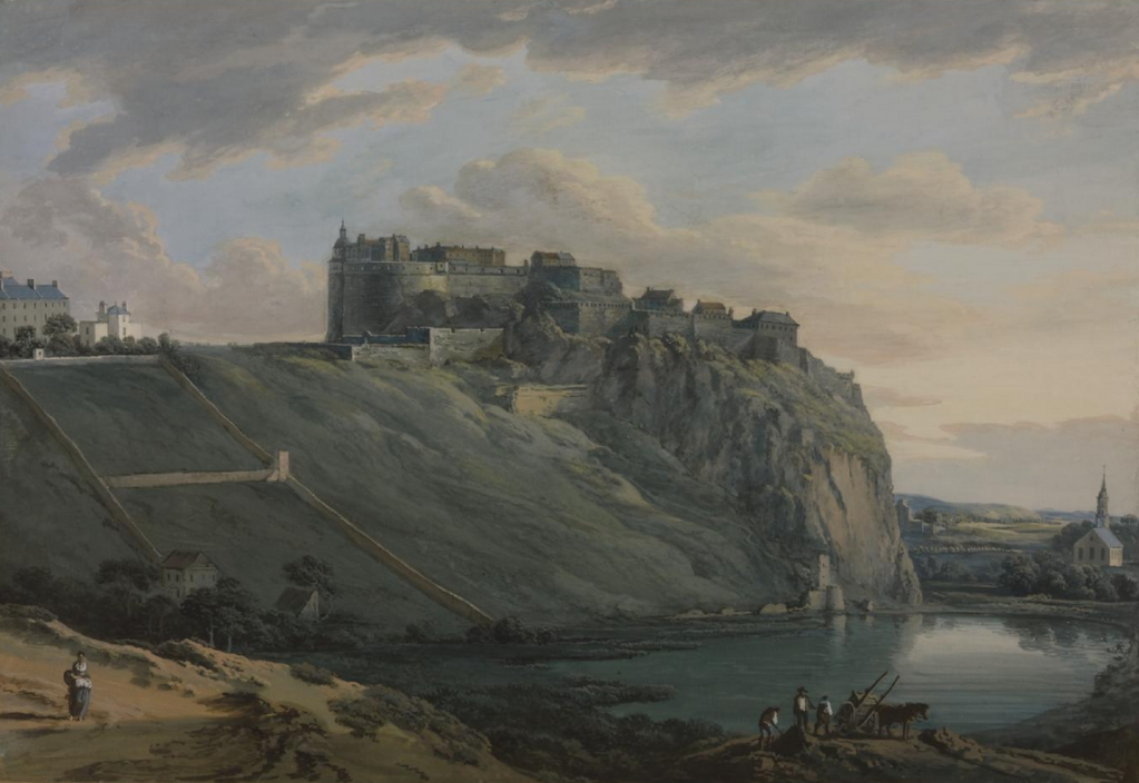 "Edinburgh Castle" by Paul Sandby, with the Guse Pye house bright and prominent on the Castle Hill. The West Kirk (St. Cuthbert's) is the church at the head of the Nor Loch on the right. CC-by-NC-ND 3.0 Tate Gallery