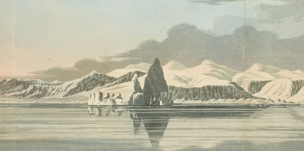 Ross's ships (one ship is in the distance, on the right of the image) in the land of John's birth at Disko Bay, an illustration by Andrew Skene, an officer and artist on the expedition