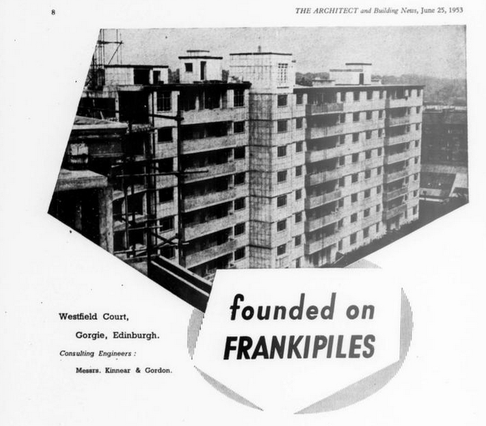 Advert from the Architect journal, 1953, showing construction of Westfield Court