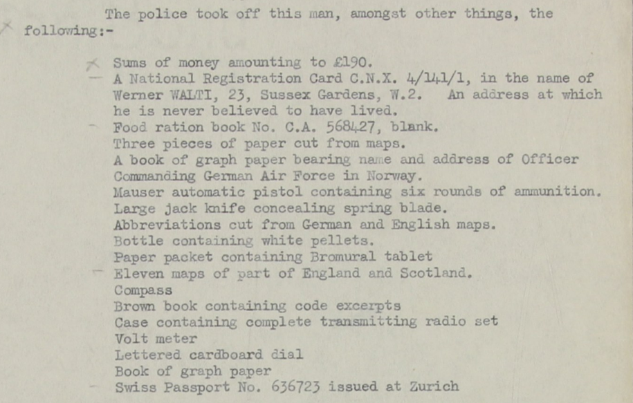 Description of possessions seized from Werner Walti by the Police, from his official case file. Crown Copyright, National Archives KV 2/1704