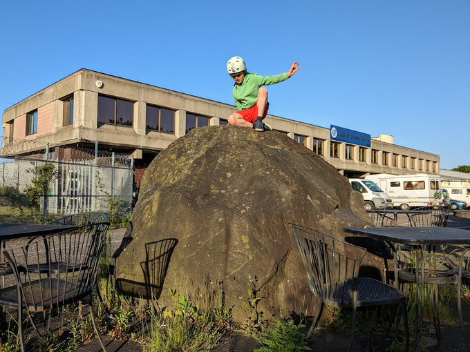 The Boy on a big stone outside Seafield Sewage Works. Photo © Self